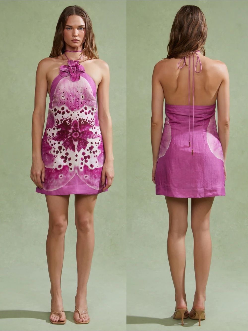 AMUR Everlee Orchid Print Linen Blend Halter Mini Dress Pink - Picture 16 of 16